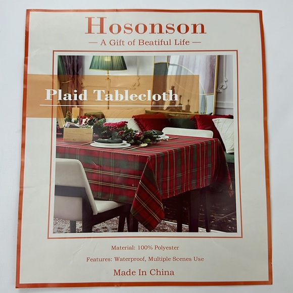 New Hosonson Plaid Table Cloth. New. 60” X 102”. Gray Black White and Red. - Picture 4 of 5